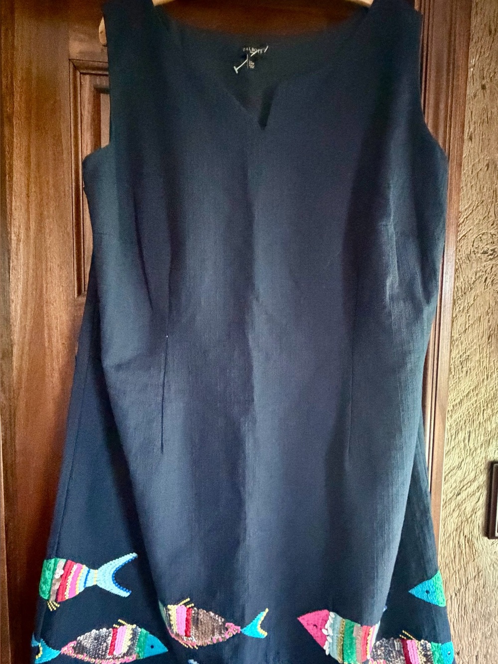 Talbots Navy Sleeveless Linen-Blend Tunic with Colorful Fish Hem
